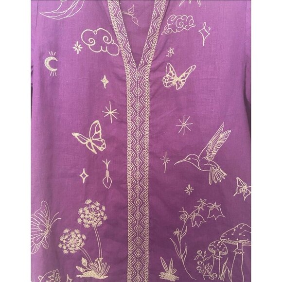 Johnny Purple Embroidered 100% Linen Tunic Blouse, Size XS, Boho Casual - Picture 5 of 7